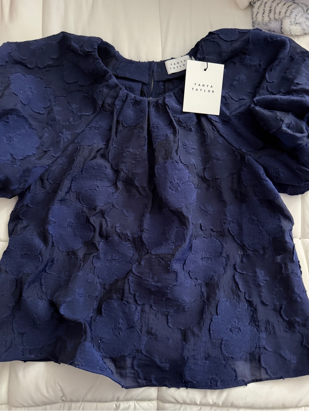 Tanya Taylor Deep Navy Floral Puff-Sleeve Blouse